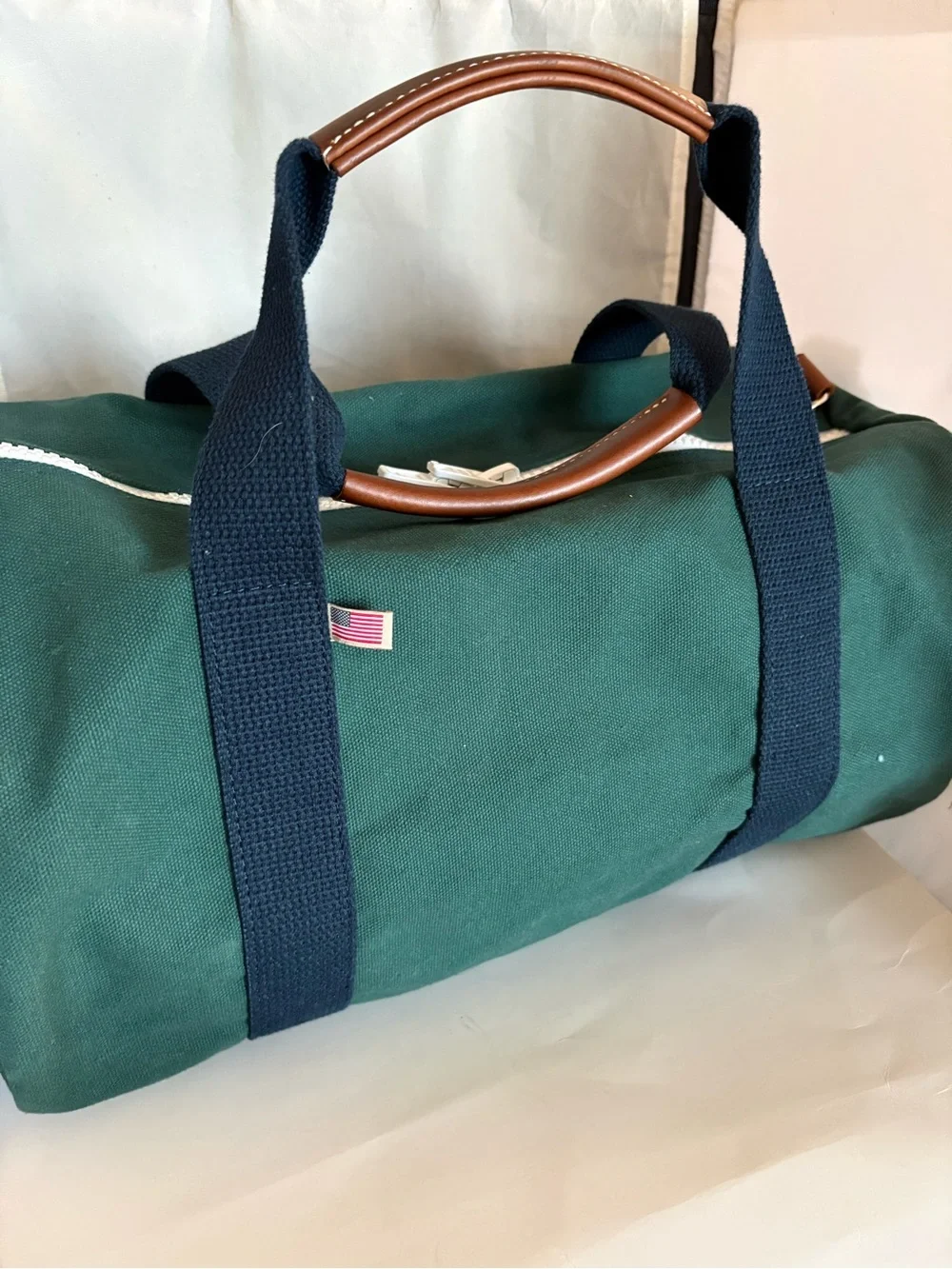 Hudson Sutler Pebble Beach Green Canvas leather Duffel Bag with Navy Straps